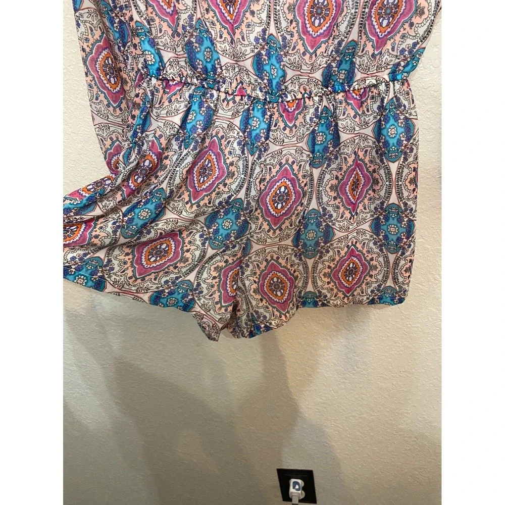 B. Smart Shorts Romper Paisley Lace Up‎ Long Sleeve Blue Pink Womens SZ  7